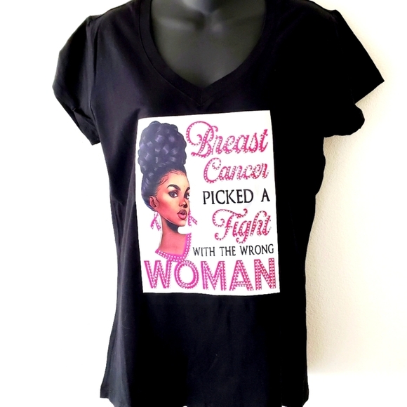 Women "Breast Cancer" Graphic Black V-Neck T-Shirt Size Large - Picture 1 of 5